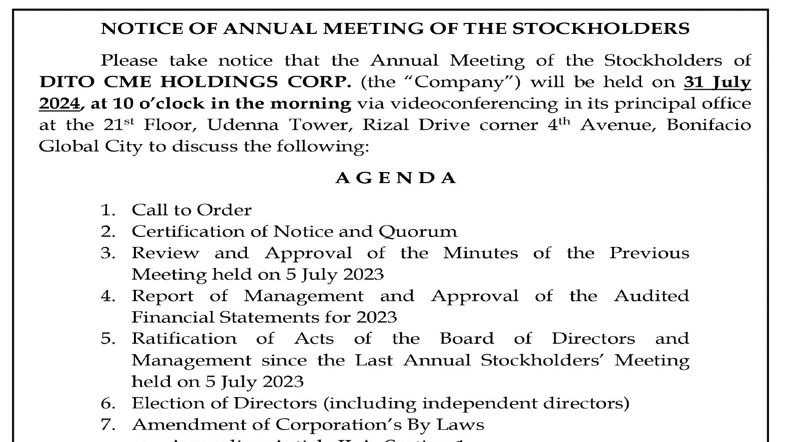 DITO CME Holdings Corp. - Notice of Annual Meeting of the Stockholders